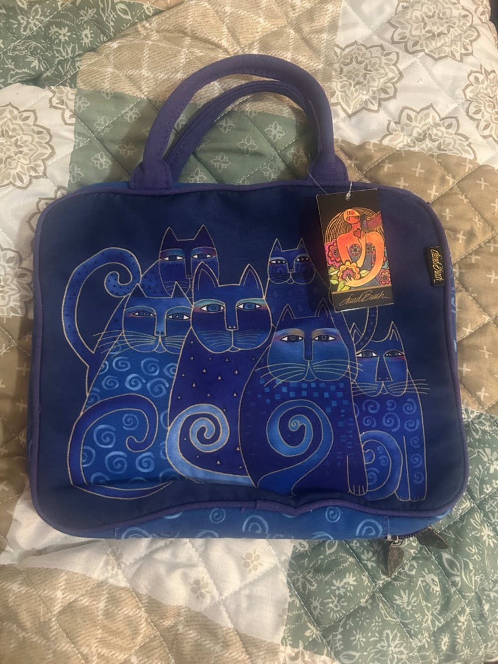 Laurel Burch Blue Cat Art Tote with Handles cosmetic bag